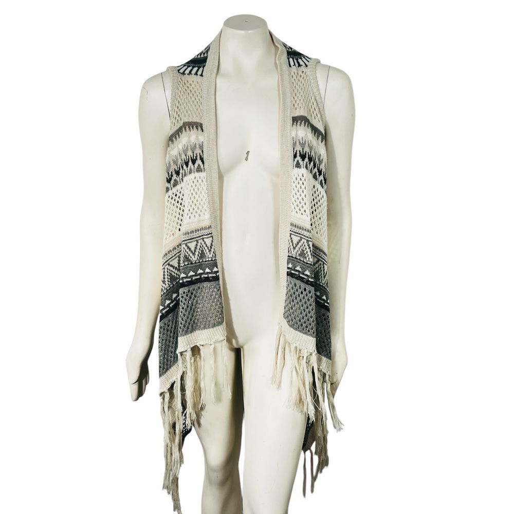 Say What ? Open Front Long Fringe Sleeveless Sweater Vest Boho Festival Earthy L